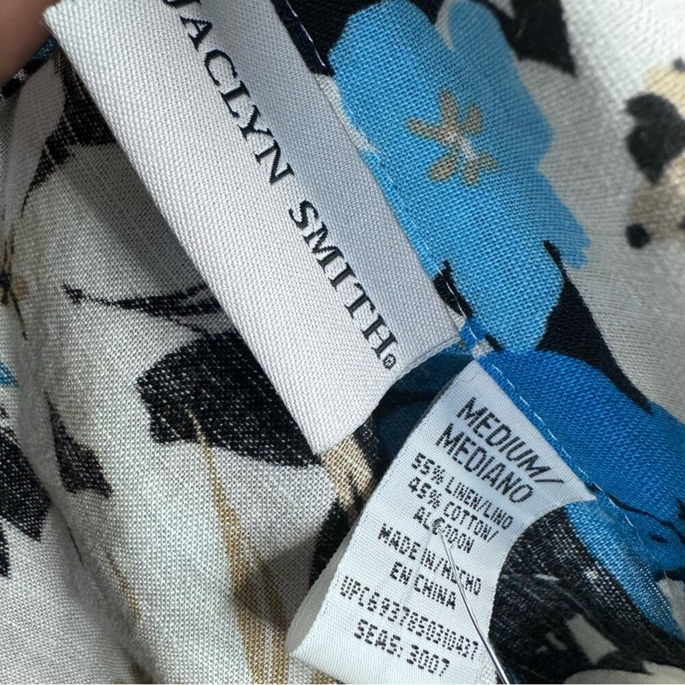 Linen Blend Floral Button Up Shirt Size Medium Resort Top Jaclyn Smith Blue - Picture 8 of 8